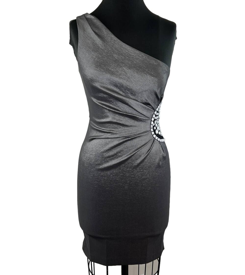 Betsy & Adam Gray One Shoulder Body Embellished Gem Hugging Cocktail Dress 2 4 S